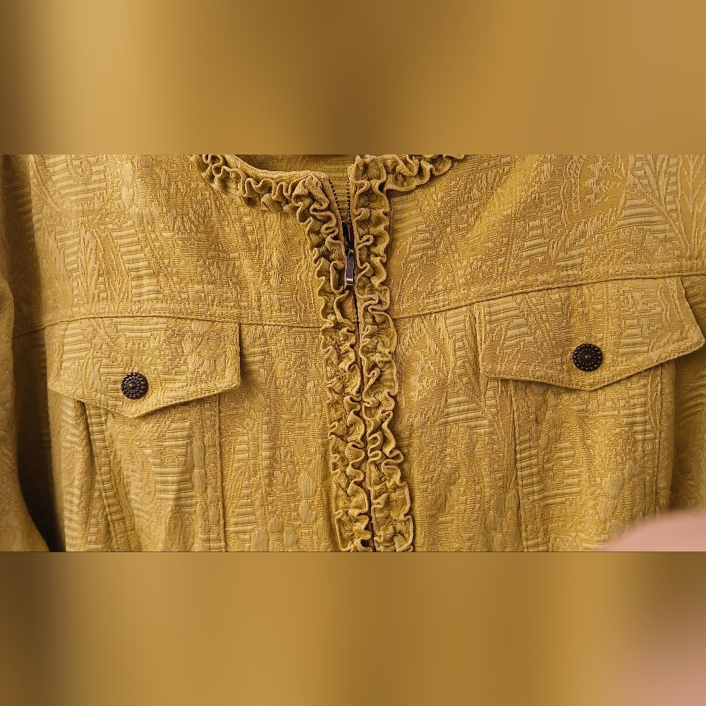 Ruby Rd Ruffle Front Jacket – Size 22W – Chartreuse Brocade‑Style Fabric - Picture 4 of 8
